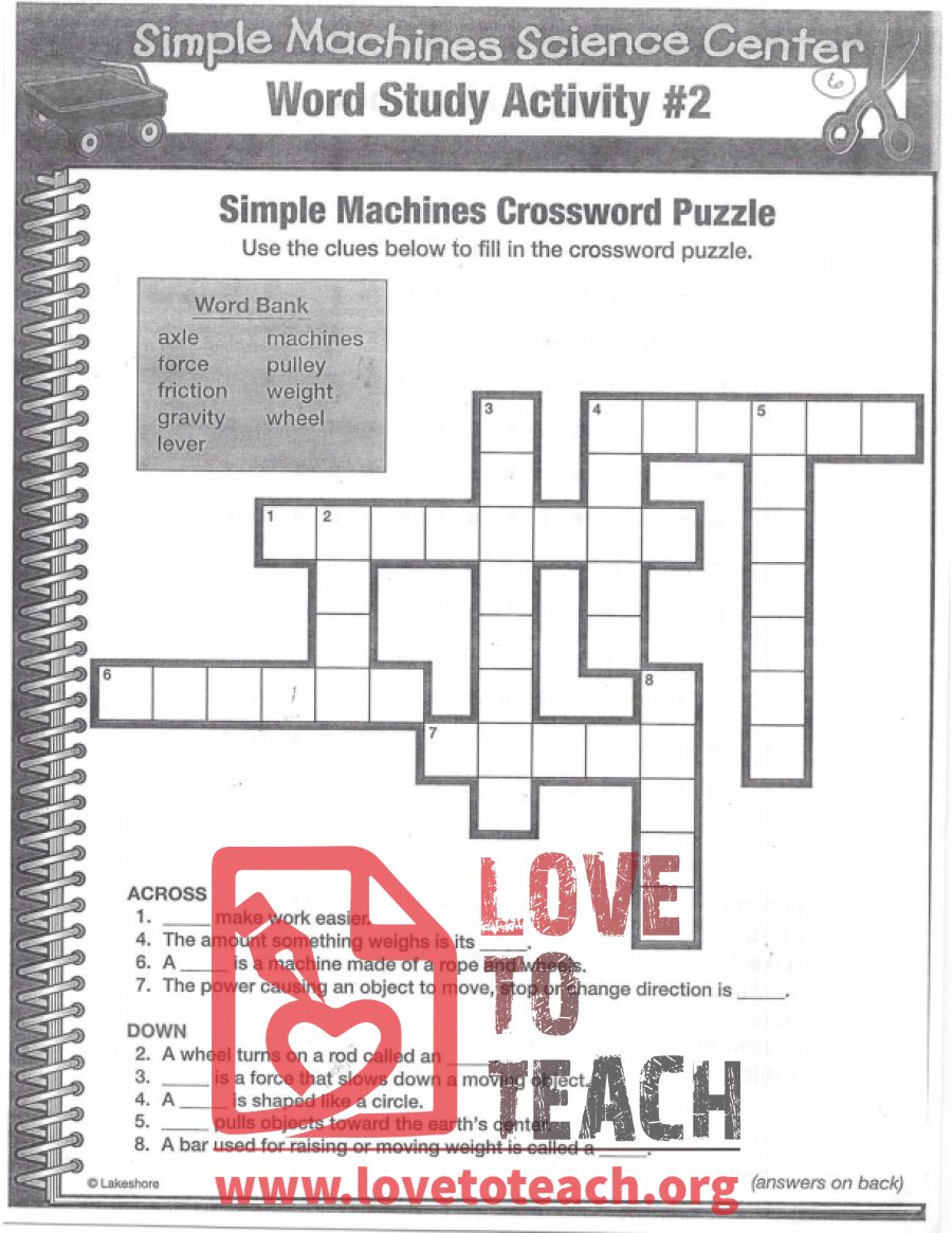 Simple Machines Crossword Puzzle LoveToTeach org