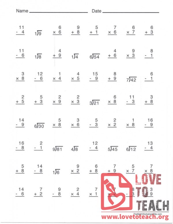 Math Facts Worksheet (B) | LoveToTeach.org