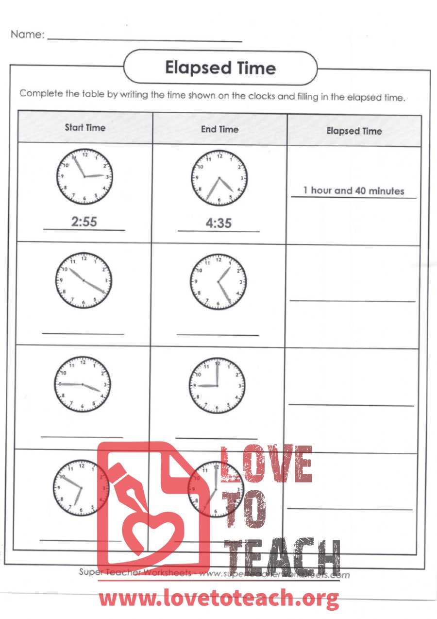 elapsed time by clock face a with answer key lovetoteach org