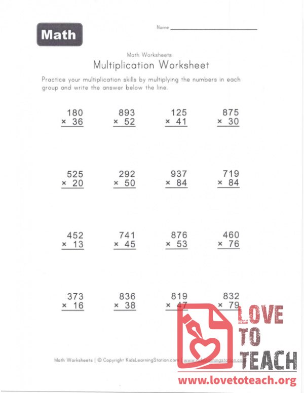 Multiplication Worksheet (B) With Answers | LoveToTeach.org