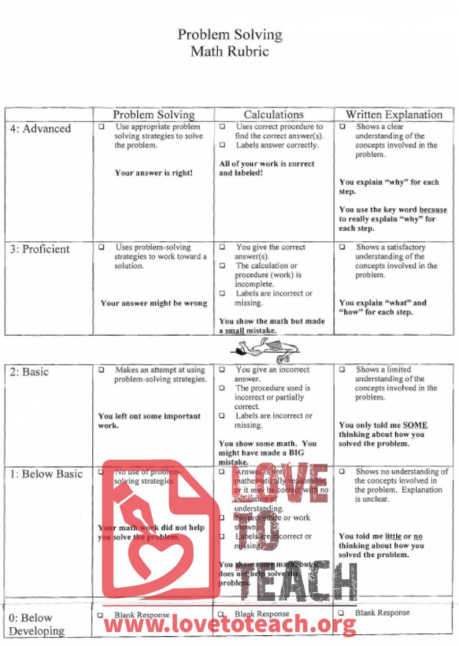 rubric for problem solving in math