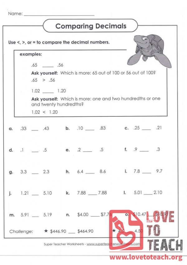 my homework lesson 7 compare decimals answer key