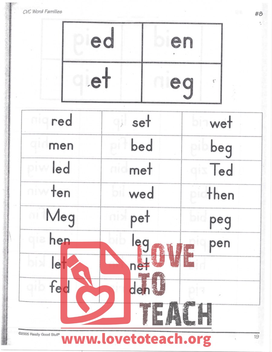 CVC Word Families Ed En Et Eg LoveToTeach