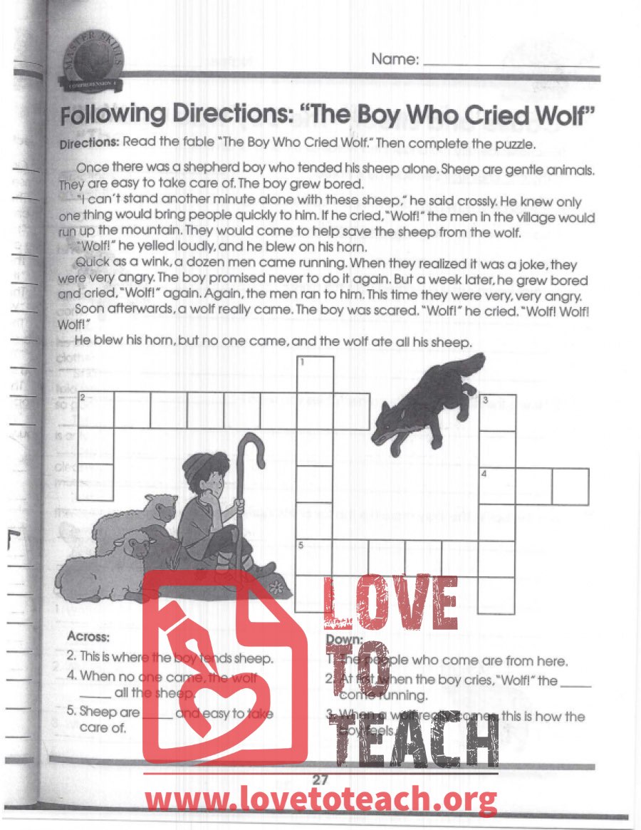 The Boy who Cried Wolf Crossword Puzzle LoveToTeach org