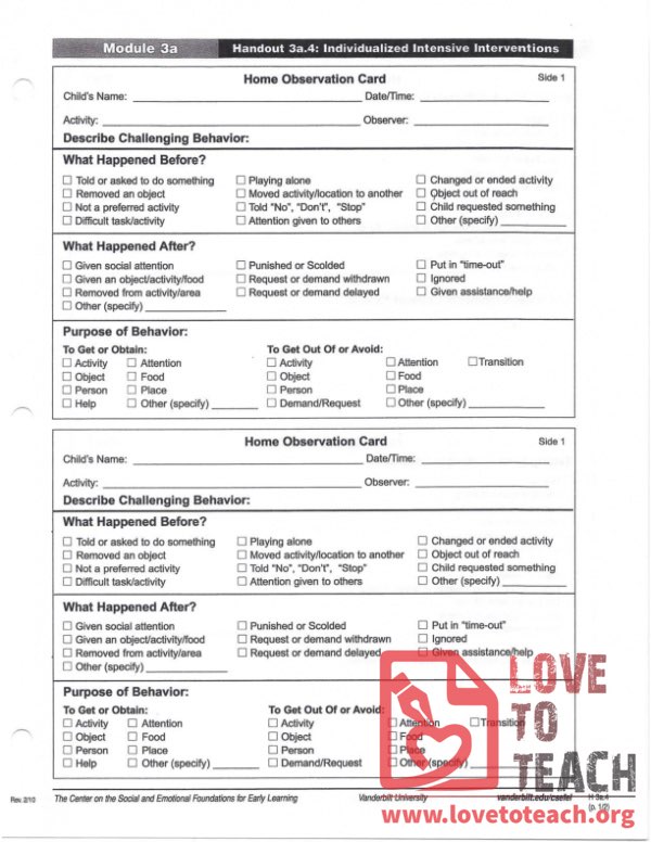 Home Observation Card 