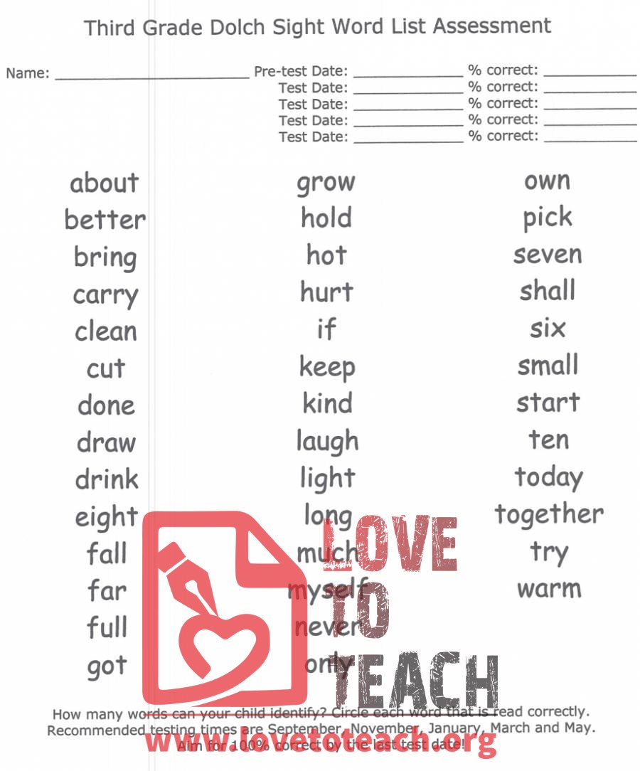 dolch sight word assessment chart