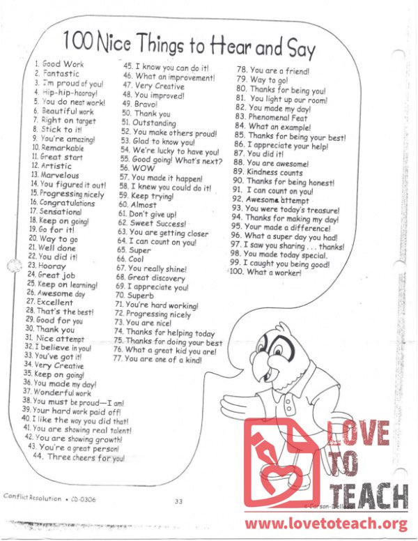 100 Nice Things To Hear And Say LoveToTeach